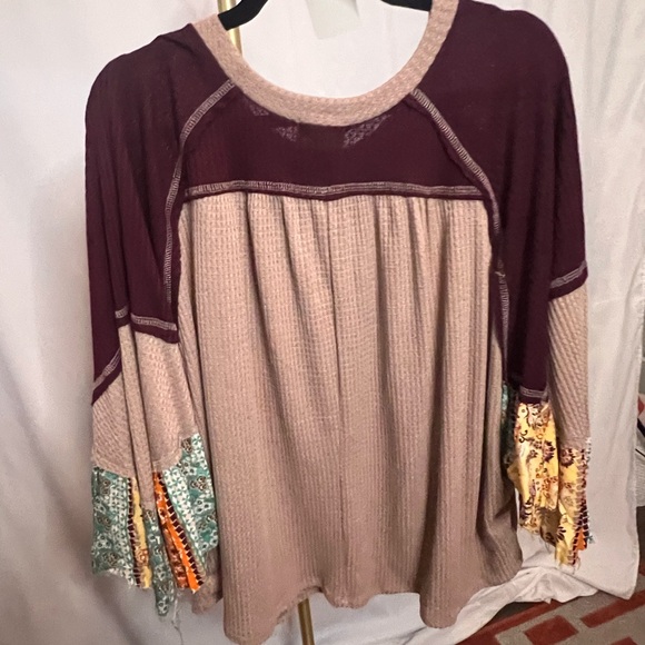 143 Story- blouse pink/marron w/multi color sleeves size large with bat sleeves - Picture 4 of 5